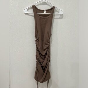 Brown Ruched Sleeveless Midi Dress
